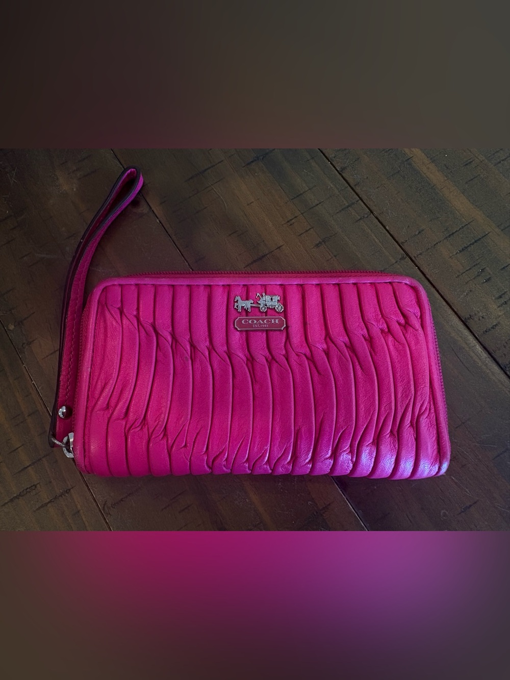 Coach Hot Pink Quilted zip around Leather Wristlet